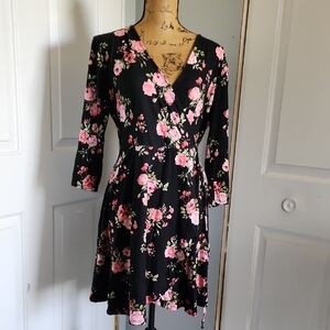 Chic Black and Pink Floral Wrap Dress